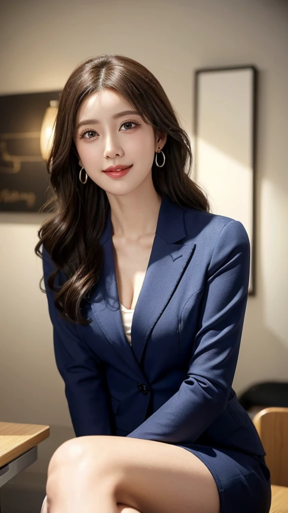 Highest quality、Artwork、In the office、Big Breasts、Japanese、sit cross-legged on a chair、Tight clothing、In a suit、Light makeup、Big eyes、Brown Hair、Wavy long hair、Small earrings、idelong glance、Smile、Ultra high definition、from below、スラリとした細い足、ストッキング、ガーターベルト