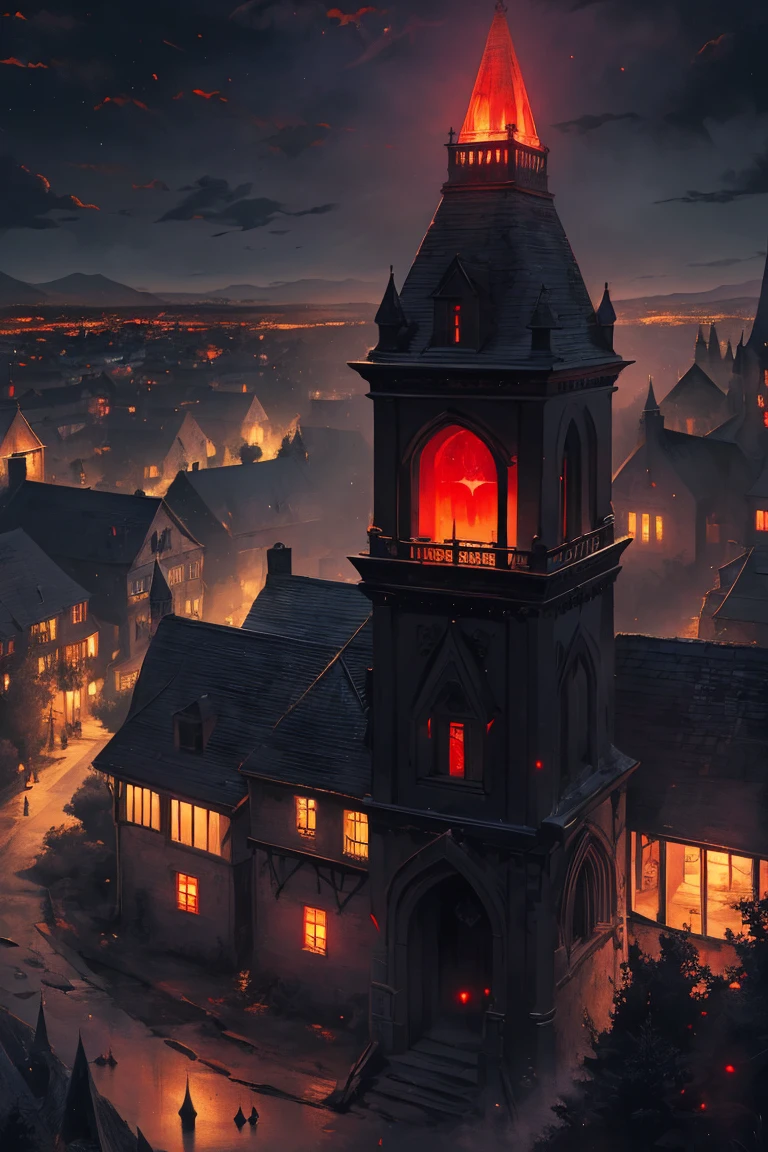 old European village shot with bird view, (Red glowing eyes), masterpiece, Depth of written boundary, Lutz, Gwaites style artwork, Gothic aesthetics, Dark Vampire village, ((in the dark gothic style cathle:1)), ((dark mid-night time:1.5)),