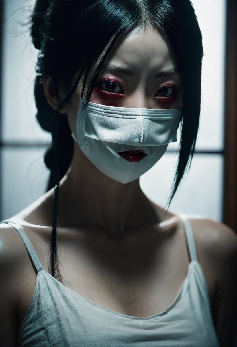 a woman with a red scar across her mouth, kuchisake-onna, detailed facial features, detailed eyes, detailed nose, detailed lips, long black hair, pale skin, wearing a surgical mask, horror, dark mood, chiaroscuro lighting, cinematic composition, dramatic lighting, moody atmosphere, dark fantasy