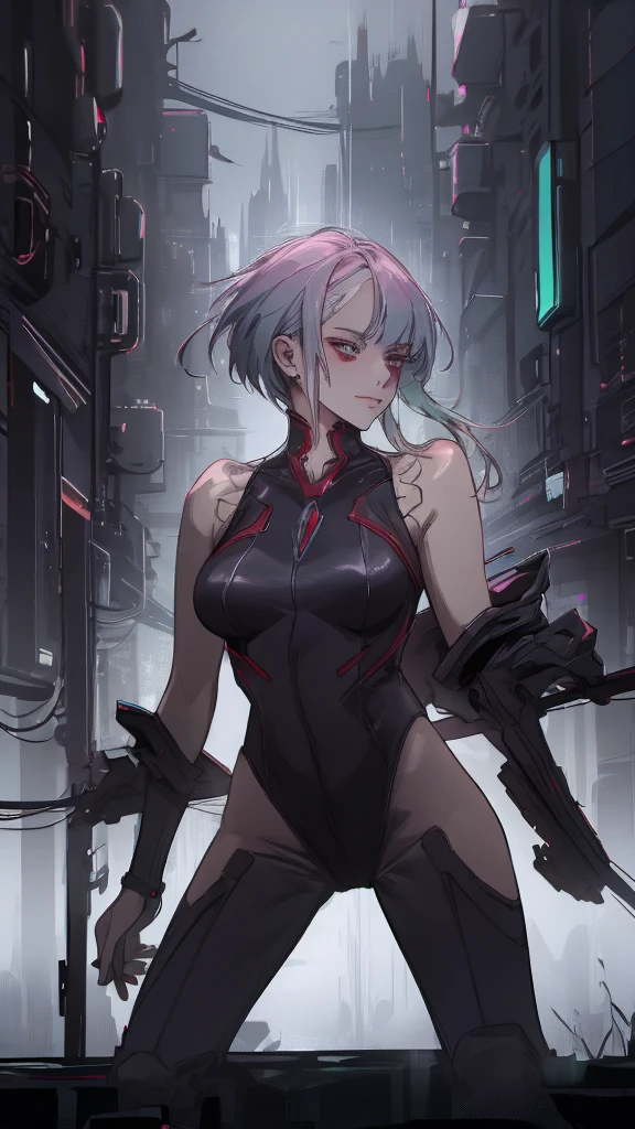 16K, RTX, HDR, best quality, masterpiece, detailed, sexy woman, high detailed eyes, , slim, fit, beautiful, cool, edgy, pretty, wearing a sexy sleeveless body suit, stylish, futuristic, random heroic pose, smug smile, short stylish hair, jewelry, textured, flawless, cyberpunk city background, detailed.
