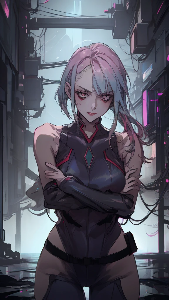 16K, RTX, HDR, best quality, masterpiece, detailed, sexy woman, high detailed eyes, , slim, fit, beautiful, cool, edgy, pretty, wearing a sexy sleeveless body suit, stylish, futuristic, random heroic pose, smug smile, short stylish hair, jewelry, textured, flawless, cyberpunk city background, detailed.

