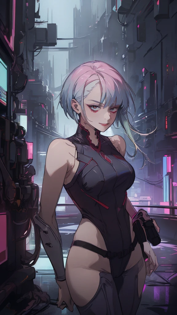 16K, RTX, HDR, best quality, masterpiece, detailed, sexy woman, high detailed eyes, , slim, fit, beautiful, cool, edgy, pretty, wearing a sexy sleeveless body suit, stylish, futuristic, random heroic pose, smug smile, short stylish hair, jewelry, textured, flawless, cyberpunk city background, detailed.

