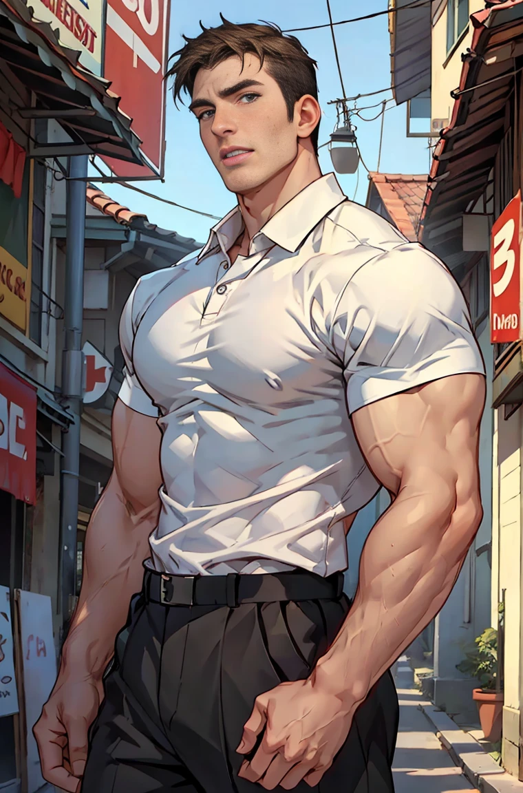 Heißer großer muskulöser Mann, Gesicht von Chris Evans, Chris Evans Bild, großer Körper, Sexy Körper, Der Mann trägt ein weißes Hemd 