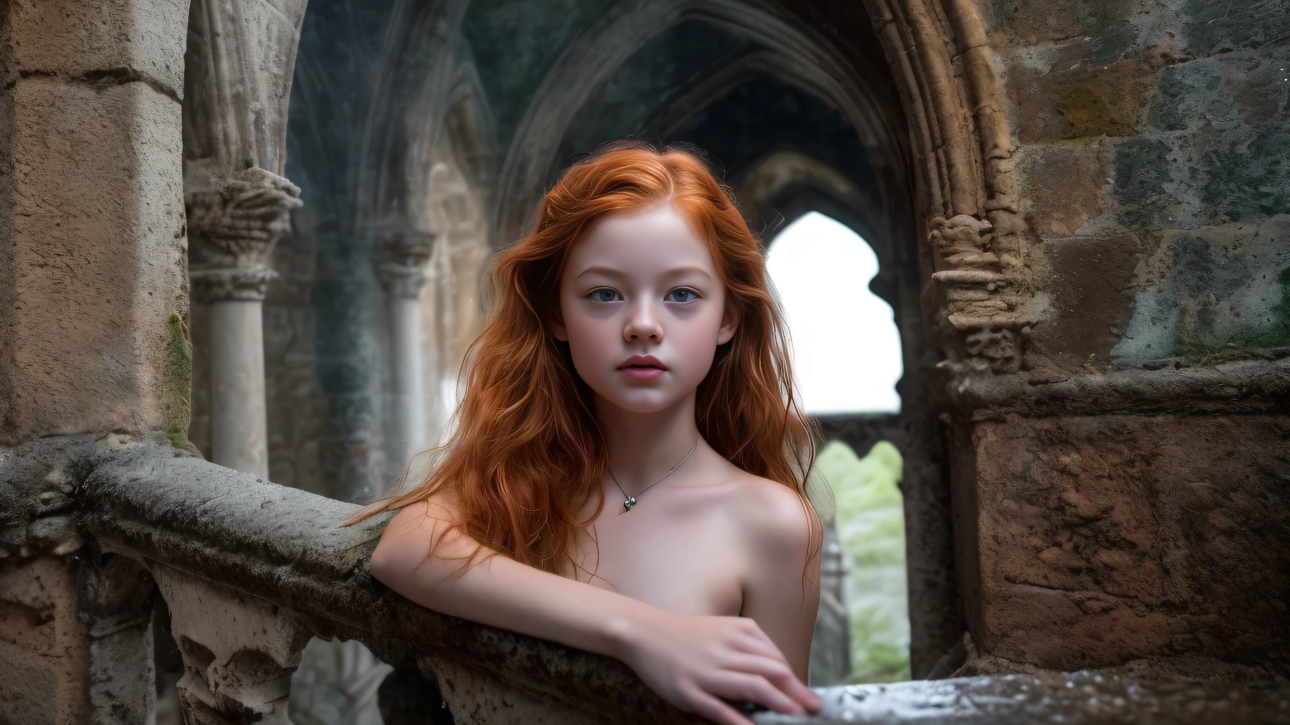 (Mackenzie Foy pelirrojo chica adolescente, con, mano, dedos en la vagina:1.3),  (desnudo, desnudo:1.8), (conout clothes:1.8),(largo, Pelo despeinado:1.3), blue eyes, ojos detallados, labios detallados, (lies desnudo, sensual, cuerpo completo:1.5), (foto desde ángulos bajos:1.5), (interior espeluznante y aterrador de un castillo gótico, abandoned con fog and fog, nieve, musgo verde: 1.3), escote, trazado de rayos, (mejor calidad, 4k, 8K, Alta resolución, obra maestra:1.2), Muy detallado, (Realista , photoRealista, photoRealista :1.37), hdr, HD, obra maestra, Profesional, colores vívidos, bokeh, iluminación de estudio