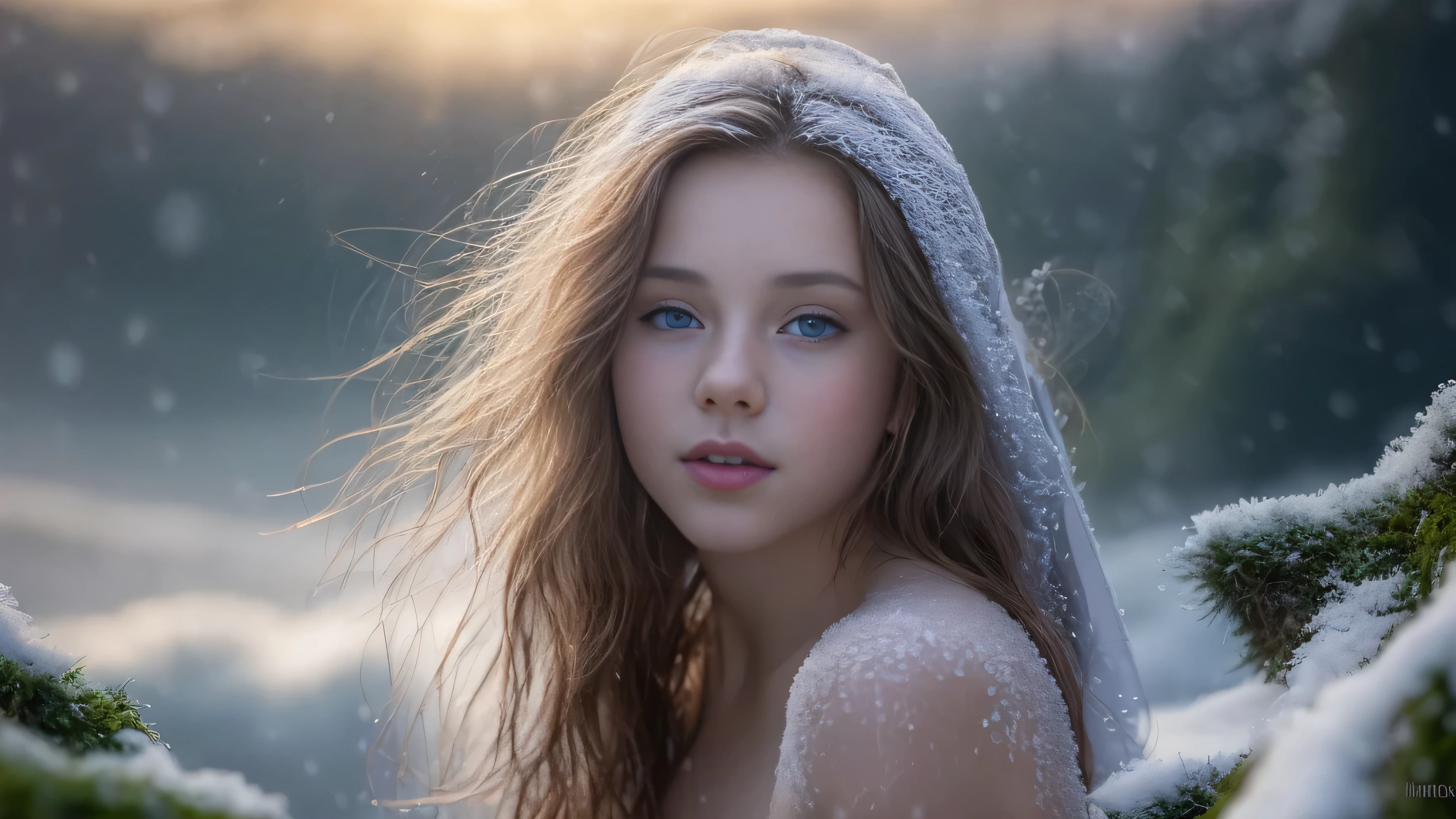 (Snow White teen girl,13 years old with, spread legs:1.3), (naked, nude:1.8), (without clothes:1.8) (wind floating hair:1.4)(long, messy hair:1.3), blue eyes, detailed eyes, detailed lips, (lies nude, sensual, full body:1.5), (photo from low angles:1.5),(stunning location with fog and fog, snow, green moss: 1.3), low neck, ray tracing, (best quality, 4k, 8k, high resolution, masterpiece:1.2), very detailed, (realistic , photorealistic, photorealistic :1.37), HDR, UHD, masterpiece, professional, vivid colors, bokeh, studio lighting, nsfw