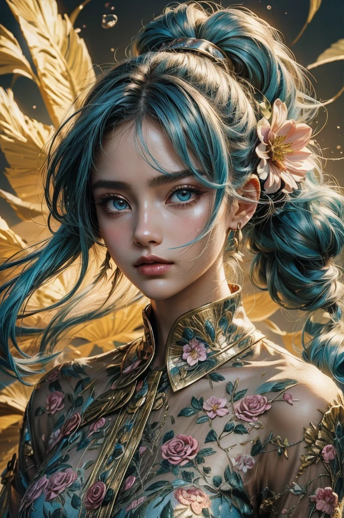 (masterpiece), (best quality), (ultra detailed),(disheveled hair),(illustration), (1girl), (Fashionable clothing), standing, Fashion model, looking at viewer, (interview), (simple background),beautiful detailed eyes, delicate beautiful face, Floating,(high saturation),(colorful splashes),colorful bubble,(shining), focus on face,  ponytail, kamisato ayaka, light blue hair, bangs, hair ring, floating flowers, floating hairs, (shining), best lighting, best shadow,