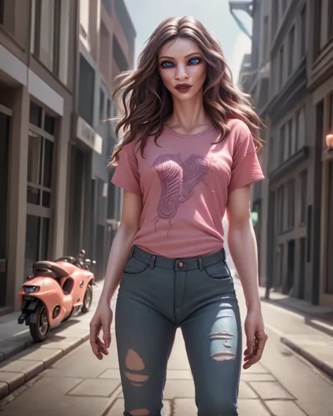 1girl, beautiful detailed eyes, beautiful detailed lips, extremely detailed eyes and face, long brown hair, pink t-shirt, jeans,...