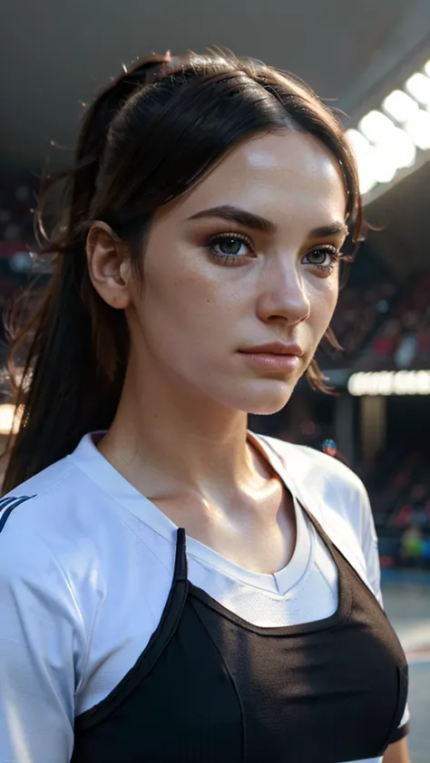 beautiful girl, Bronya zaychick, athletic sports wear, Bayern Munich soccer uniform, soccer stadium background, serious expressi...