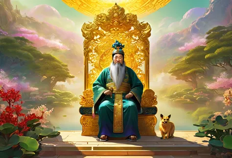 show 2 people, a jade emperor seated on a magnificent golden throne in the heavenly realm looks down to a young farmer who is in...