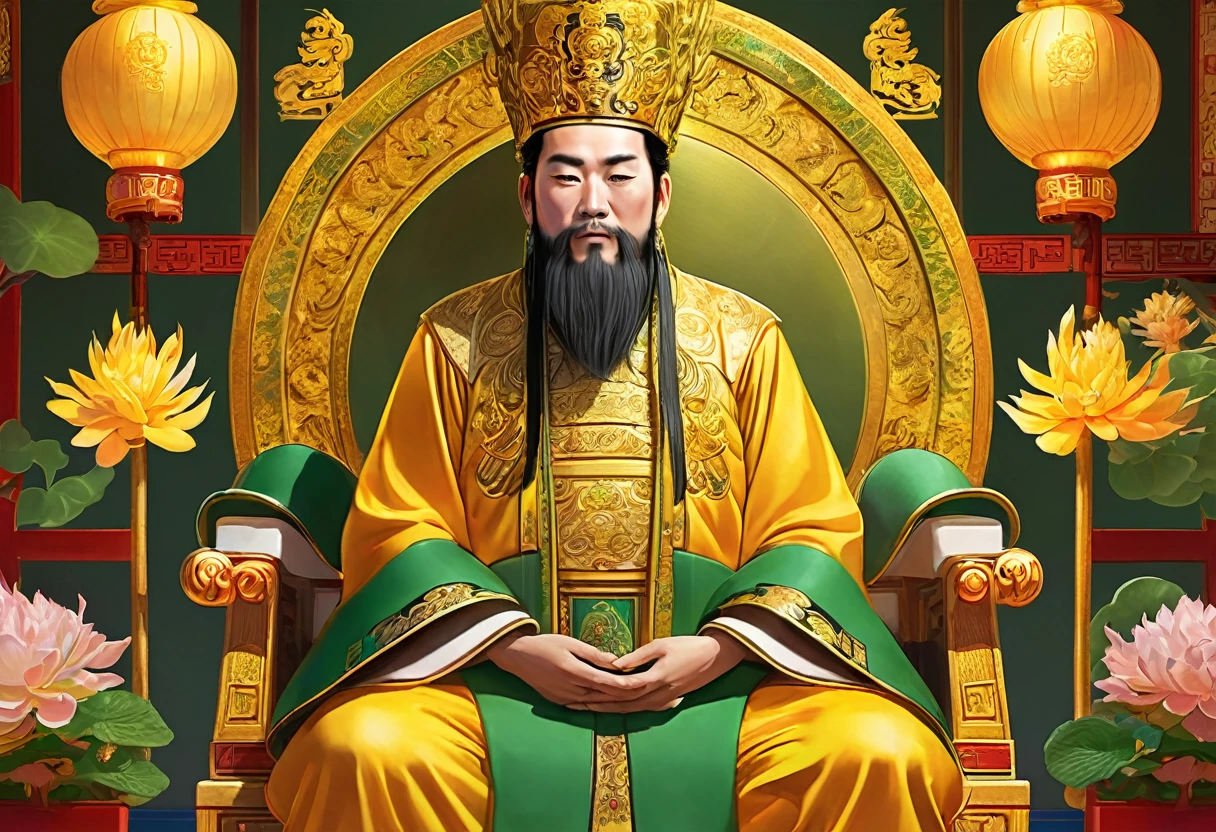 show 2 people, a jade Emperor seated on a magnificent golden throne in the heavenly realm looks down to a young farmer who is in simple clothing stands respectfully before him . Surround them with vibrant celestial flora under a soft, golden light