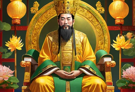 show 2 people, a jade emperor seated on a magnificent golden throne in the heavenly realm looks down to a young farmer who is in...