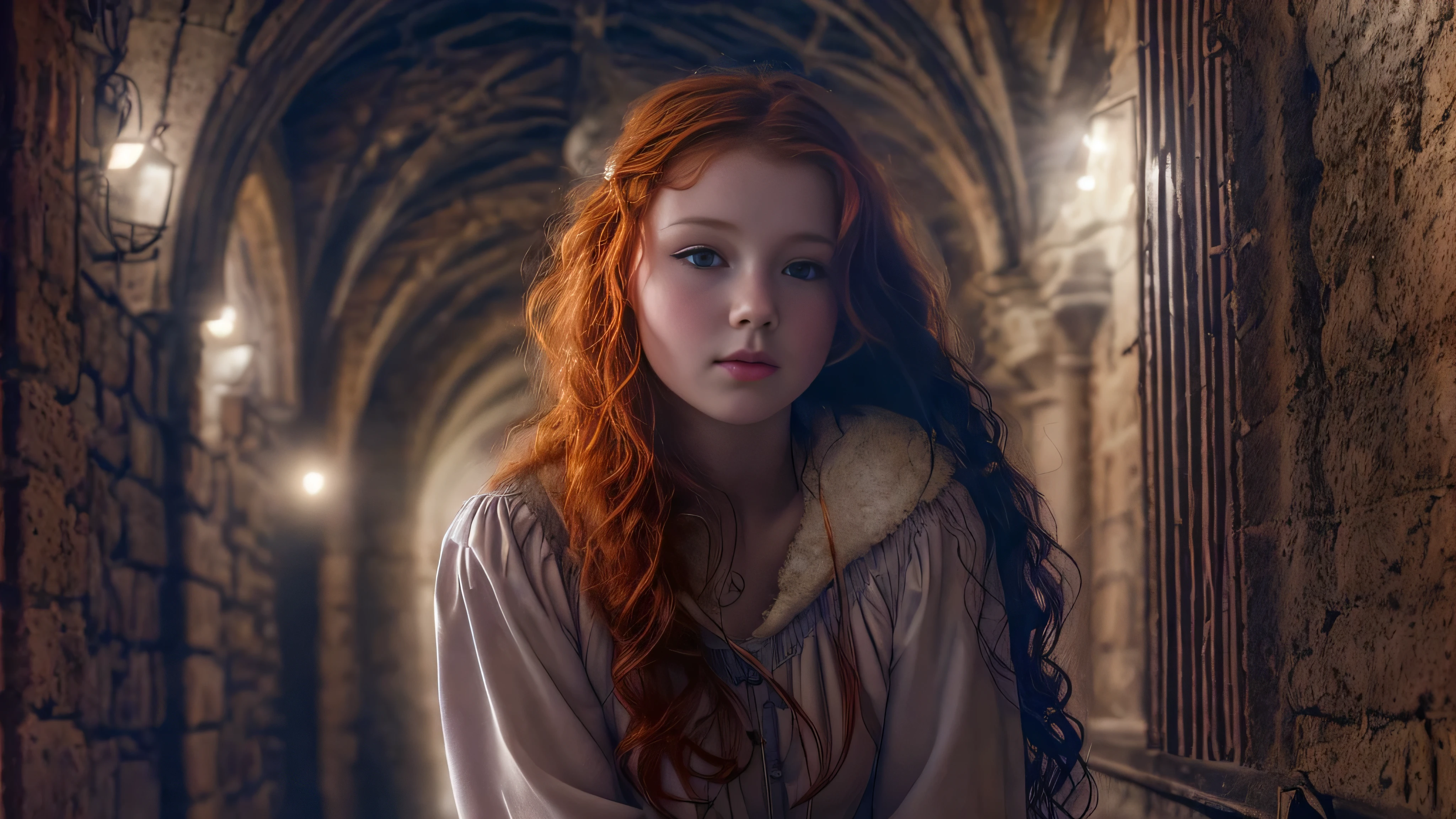 (snow white teen girl, ginger hair,13 years old with spread legs:1.6), (long, messy hair:1.3), blue eyes, detailed eyes, detailed lips,(lies nude, sensual, full body:1.5), (photo different angles:1.5), (lies in a long dark corridor in castle lit by the moon:1.5), (dark mood, creepy, mist, dust,fog:1.5) low neck, ray tracing, (best quality, 4k, 8k, high resolution, masterpiece:1.2), very detailed, (realistic , photorealistic, photorealistic :1.37), HDR, UHD, masterpiece, professional, vivid colors, bokeh, studio lighting,nsfw