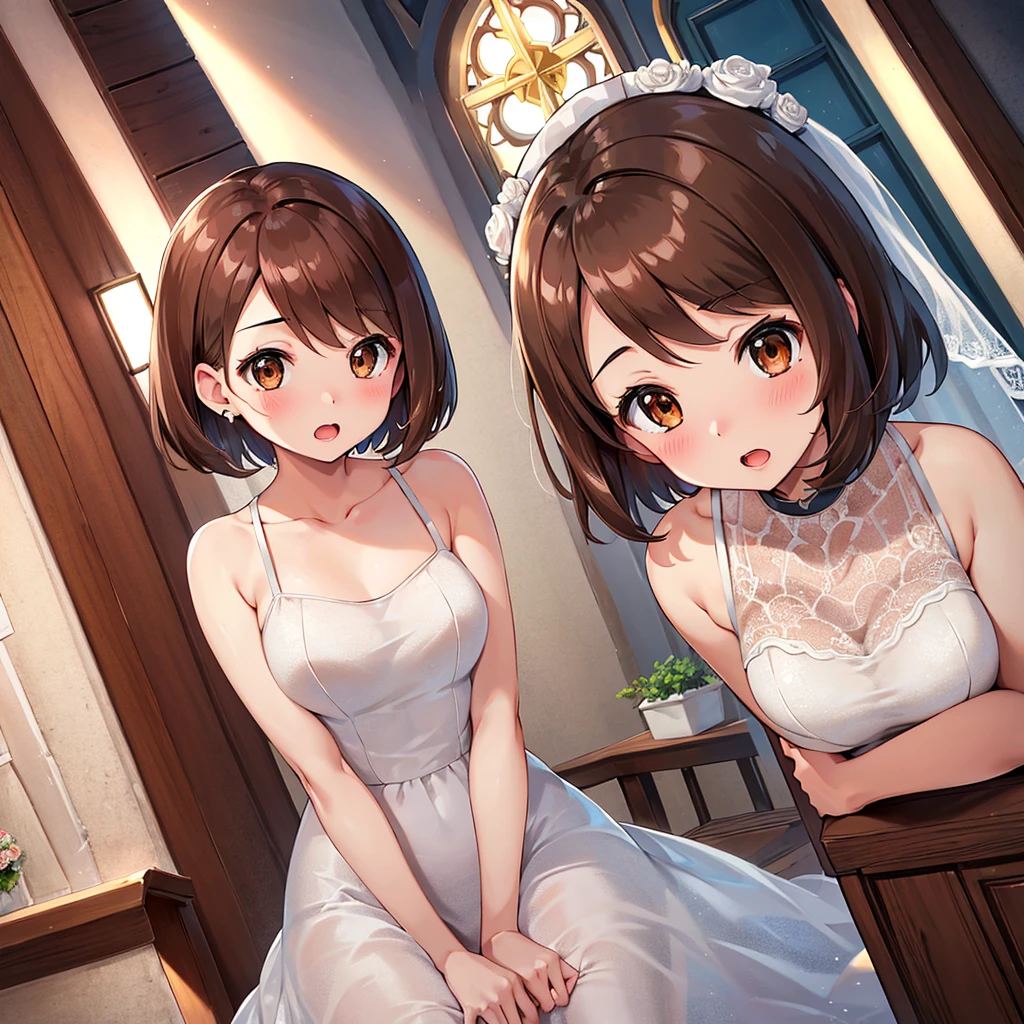 masterpiece, Highest quality, High resolution, Gloria1, 1 Girl, Gloria\(Pokémon\), Brown Hair, , Brown Eyes, , Short Hair, , Bobcut, bangs, , 　１Describe a girl carefully　１Girl　Expression in love　blush　Open Mouth　blush　church　Wedding dress（mini skirt）　breast enhancement