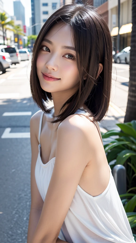 (((Shoulder length brown straight short bob)))、(((Her background is downtown Hawaii.、Pose like a model at the hair salon.)))、(((Casual black summer street fashion)))、Face close-up、Half Japanese and Korean、20-year-old girl、independent、look forward to、Light eye makeup、Brown Hair Color、flat 、Hair blowing in the wind、quality of actress、Shiny, Ultra-realistic faces、Smile expression、Watery eyes、look up、Calming lighting effects、 Ultra-Realistic Capture、Very detailed、High resolution 16k human skin closeup、 Skin texture should be natural、Must be so detailed that pores are visible、skin is healthy、Must be an even tone、Use natural light and color、High quality photos taken by a modeling agency&#39;Exclusive photographer、smile
