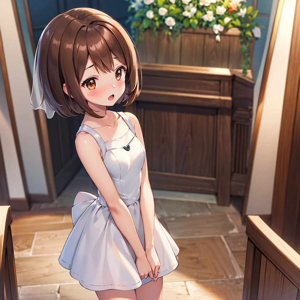 masterpiece, Highest quality, High resolution, Gloria1, 1 Girl, Gloria\(Pokémon\), Brown Hair, , Brown Eyes, , Short Hair, , Bobcut, bangs, , 　１Describe a girl carefully　１Girl　Expression in love　blush　Open Mouth　blush　church　Wedding dress（mini skirt）　breast enhancement