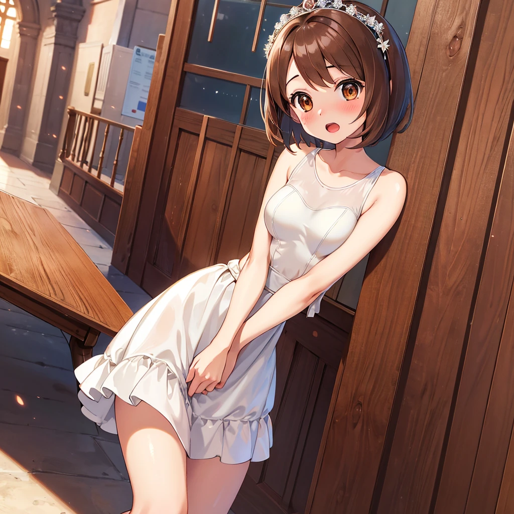 masterpiece, Highest quality, High resolution, Gloria1, 1 Girl, Gloria\(Pokémon\), Brown Hair, , Brown Eyes, , Short Hair, , Bobcut, bangs, , 　１Describe a girl carefully　１Girl　Expression in love　blush　Open Mouth　blush　church　Wedding dress（mini skirt）　breast enhancement