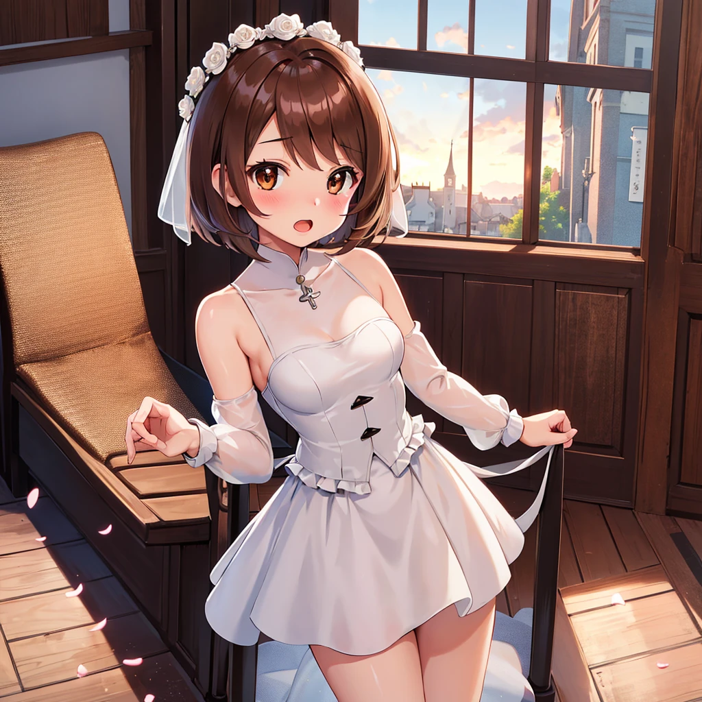 masterpiece, Highest quality, High resolution, Gloria1, 1 Girl, Gloria\(Pokémon\), Brown Hair, , Brown Eyes, , Short Hair, , Bobcut, bangs, , 　１Describe a girl carefully　１Girl　Expression in love　blush　Open Mouth　blush　church　Wedding dress（mini skirt）　breast enhancement