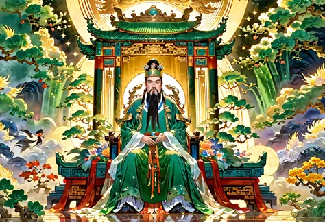 show 2 people, a jade Emperor seated on a magnificent golden throne in the heavenly realm looks down to a young farmer who is in...