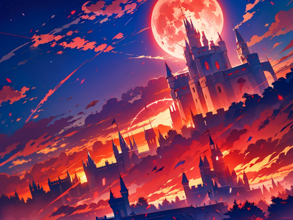 (Remilia Scarlet), loli, skirm, growing red eyes, red full moon, blight red sky, dynamic angle, a castle in background, 8k wallpaper, glowify, more_details:1