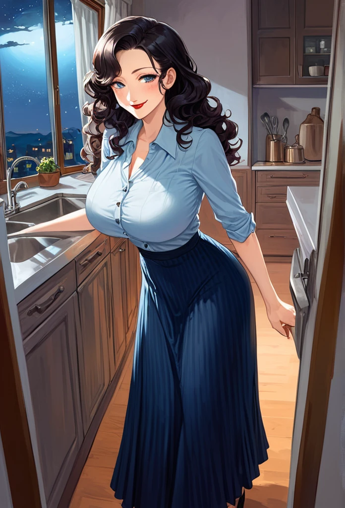 detailed illustration (side view),dynamic angle,ultra-detailed, detailed eyes, detailed face, 1girl, night , nightime, stars, 1940’s wife, button up blouse and long skirt, anime half closed eyes, lidded eyes, bedroom eyes, knowing smile, mischievous smile, smirk, standing in kitchen, domestic goddess, black hair, huge breasts, wholesome yet sexy, motherly, nurturing, MILF, glass sliding door, moonscape outside, dark blue eyes, highly detailed eyes, detailed eyes, bright eyes, long hair, wavy hair, red lips