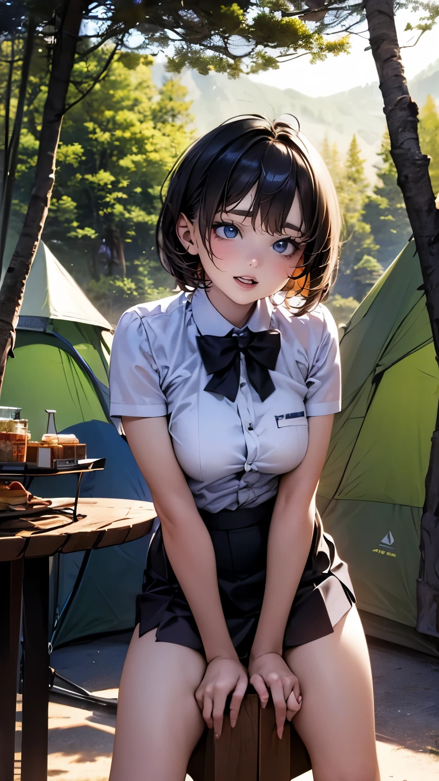 high-definition image, best quality, (round face), posing, eyes realistic sizing, drooping eyes, wearing only skirt and tiny mesh panties, open legs, standing and straddling a corner of a table to hit her crotch for self pleasure, big sky, mountains, in the forest, sunlight, short hair, (many camping gears),