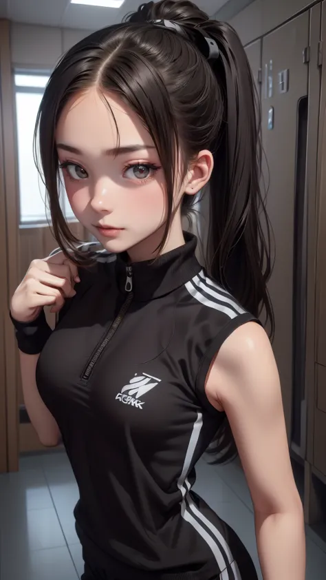 locker room,track suit,(thin type:1.5),(large breasts),(random hairstyle),(highest image quality,(8k), ultra-realistic, best qua...