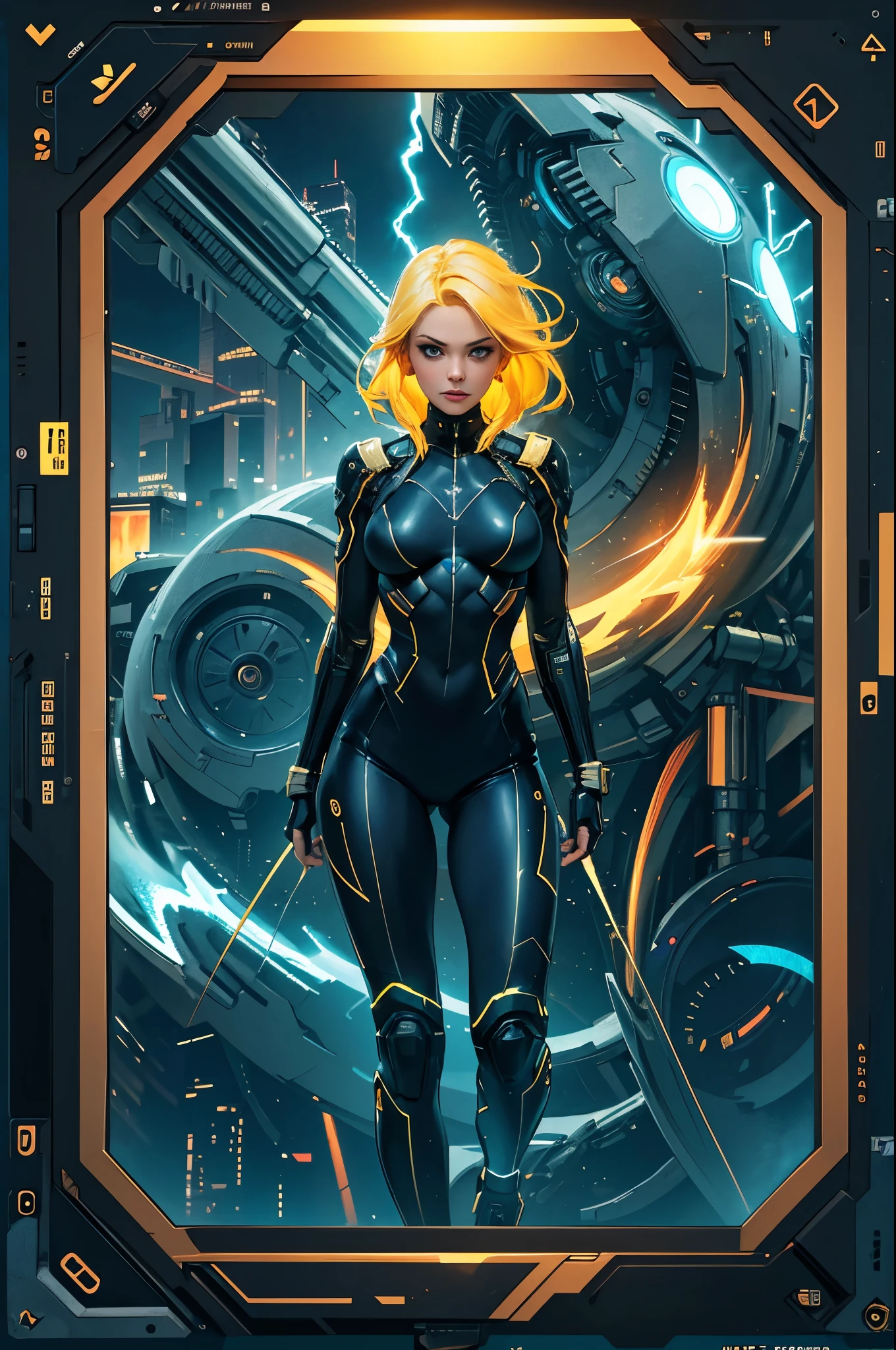 A beautiful young girl with yellow hair, a tight lightning-themed suit, and small breasts, wielding alien thunder weapons in a thunderstorm backdrop, (best quality,4k,8k,highres,masterpiece:1.2),ultra-detailed,(realistic,photorealistic,photo-realistic:1.37),extremely detailed eyes and face,beautiful detailed lips,longeyelashes,lightning effects,dynamic pose,dramatic lighting,vibrant colors,sci-fi,concept art