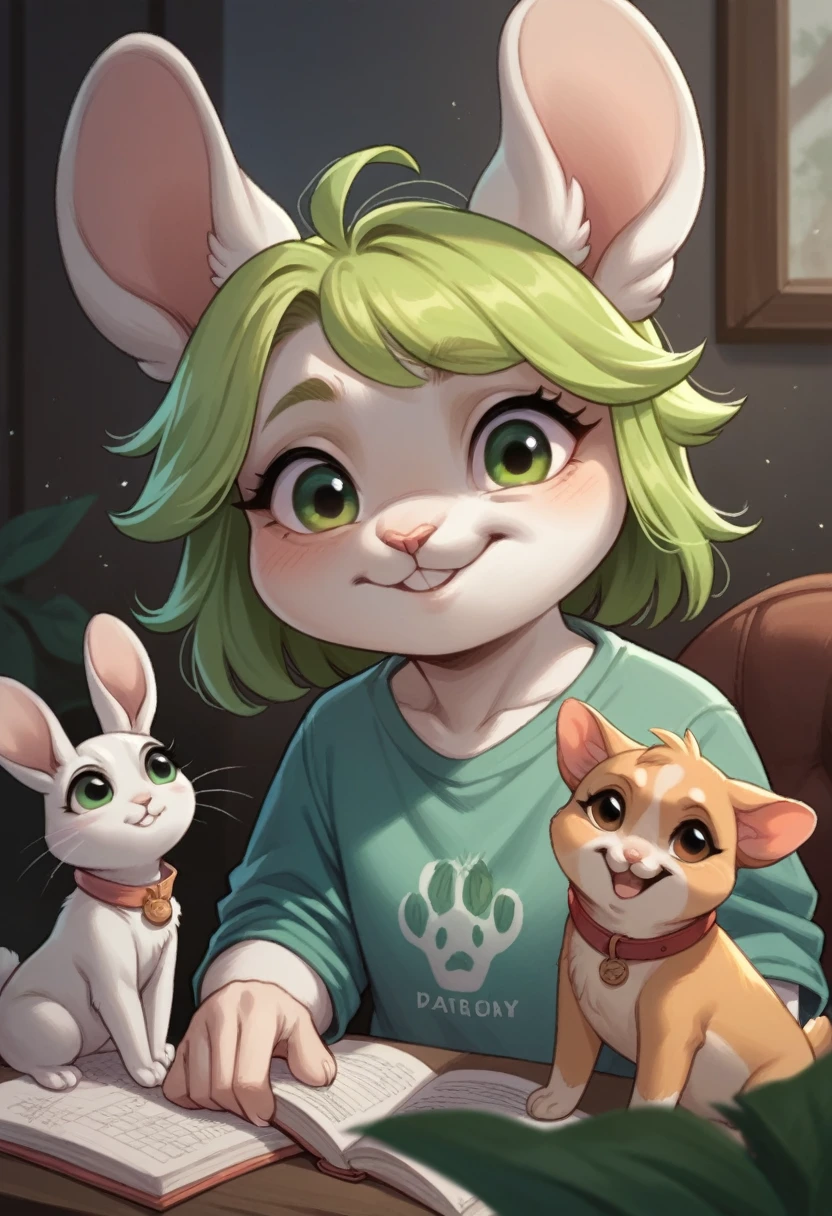 Green-eyed blonde girl with 1 dog, 3 cats, 3 rabbits and 1 hamster