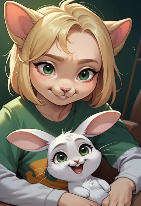 Green-eyed blonde girl with 1 dog, 3 cats, 3 rabbits and 1 hamster
