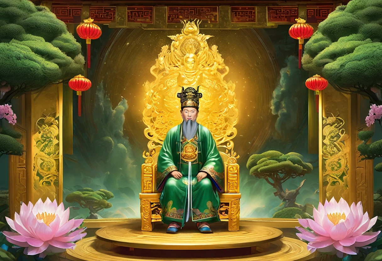 show 2 people, a jade Emperor seated on a magnificent golden throne in the heavenly realm looks down to a young farmer who is in simple clothing stands respectfully before him . Surround them with vibrant celestial flora under a soft, golden light, symbolizing the sacred nature of the encounter.