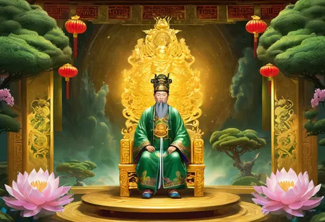 show 2 people, a jade emperor seated on a magnificent golden throne in the heavenly realm looks down to a young farmer who is in...