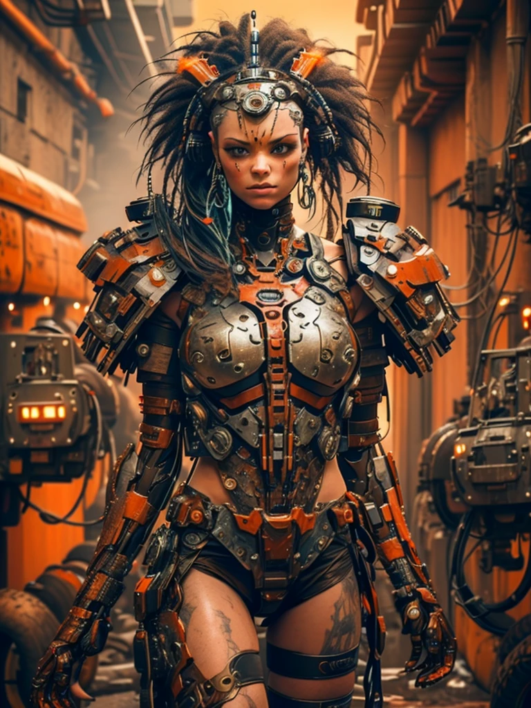 A highly detailed and realistic skull girl,( Anya. Taylor Joy) cyberpunk character, mad max furiosa, one hand robot, cyborg arm, orange hair, dramatic metal heavy rock theme, best quality, 8k, hyperrealistic, photorealistic, extreme detailed painting, studio lighting, vivid colors, dark moody atmosphere, cinematic, dramatic pose, intricate mechanical details, glowing energy effects, intense gritty textures, seamless integration of organic and inorganic elements. Wearing the used clothes of a wastelander. Background: An apocalyptic wasteland. Dusty and depressing.