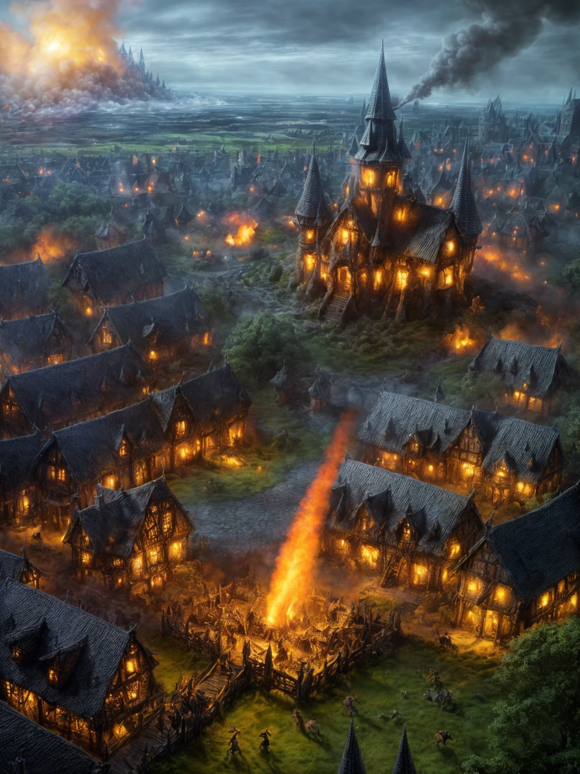 (Award-winning masterpiece:1.5), (incredible detail), (hyper realistic:1.4), (whole body:1.7), (medieval witch village under attack), (brutal creature launching an assault), (houses ablaze), (witches screaming in panic), (detailed depiction of destruction), (dramatic lighting), (intricate details:1.1)