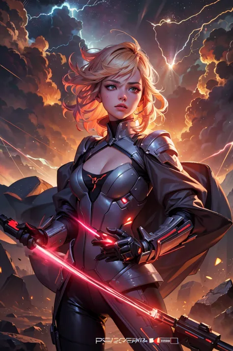 A beautiful young girl with yellow hair, a tight lightning-themed suit, and small breasts, wielding alien thunder weapons in a t...