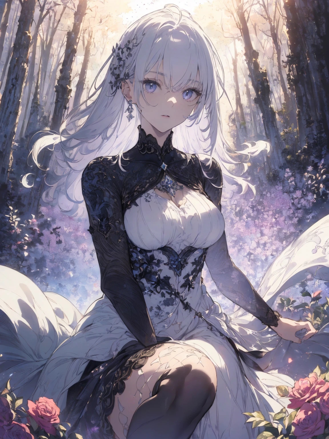 (Landscape photo, with a woman in the bottom right of photo:1.5, in white garden:1.5), Masterpiece, best quality, (very detailed CG unity 8k wallpaper), (best quality), High definition RAW color art, Animation,sculptures, (black Marble Skin), (((Ultra detailed elegant))), Magical atmosphere, Detailed skin, Texture,(Intricately detailed, Fine detail, ultra-detail art), depth of fields, Bokeh, Silky Touch, Hyper Detail, beautiful eyes, elegant face, (upper body focus, squating:1.3), sparkle background, enormous breast:1.3, (silver hair), pose, muscle, rose,  ドラマチックな光, pastel purple