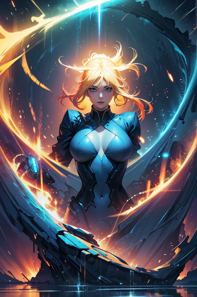 A beautiful young girl with yellow hair, a tight lightning-themed suit, and small breasts, wielding alien thunder weapons in a thunderstorm backdrop, (best quality,4k,8k,highres,masterpiece:1.2),ultra-detailed,(realistic,photorealistic,photo-realistic:1.37),extremely detailed eyes and face,beautiful detailed lips,longeyelashes,lightning effects,dynamic pose,dramatic lighting,vibrant colors,sci-fi,concept art