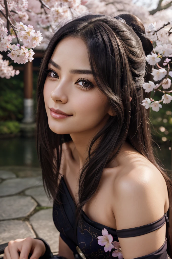 a smiling girl sitting while holding a katana, intricate detailed portrait, photorealistic, 8k, high quality, masterpiece, beautiful detailed eyes, beautiful detailed lips, extremely detailed face, long eyelashes, dark hair, japanese samurai, serene expression, outdoor garden setting, cherry blossom trees, natural lighting, vibrant colors, cinematic lighting, elegant pose