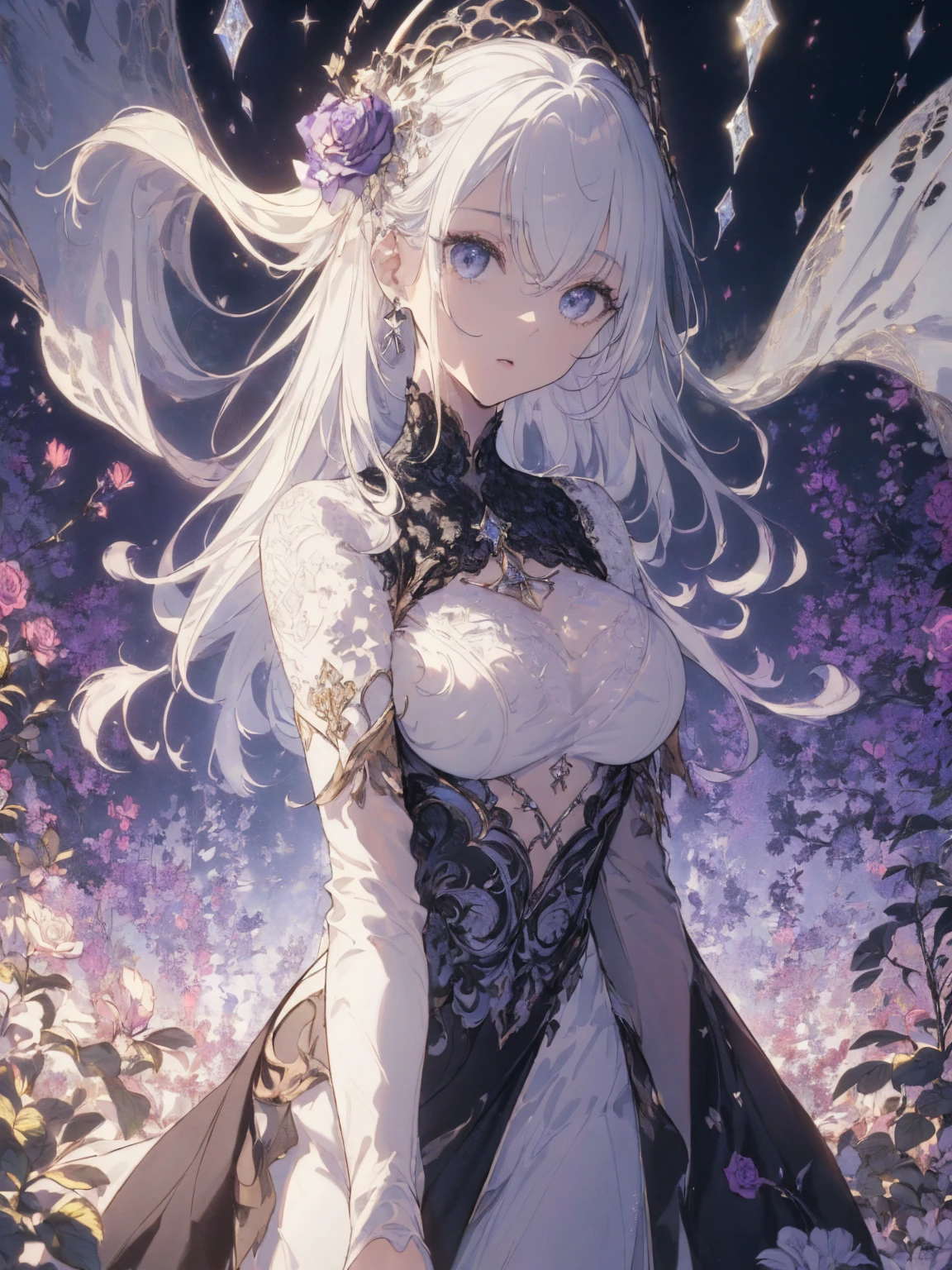 (Landscape photo, with a woman in the bottom right of photo:1.5, in white garden:1.5), Masterpiece, best quality, (very detailed CG unity 8k wallpaper), (best quality), High definition RAW color art, Animation,sculptures, (black Marble Skin), (((Ultra detailed elegant))), Magical atmosphere, Detailed skin, Texture,(Intricately detailed, Fine detail, ultra-detail art), depth of fields, Bokeh, Silky Touch, Hyper Detail, beautiful eyes, elegant face, (upper body focus, squating:1.3), sparkle background, enormous breast:1.3, (silver hair), pose, muscle, rose,  ドラマチックな光, pastel purple, センターパート