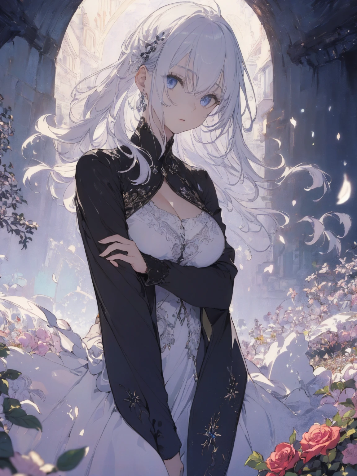 (Landscape photo, with a woman in the bottom right of photo:1.5, in white garden:1.5), Masterpiece, best quality, (very detailed CG unity 8k wallpaper), (best quality), High definition RAW color art, Animation,sculptures, (black Marble Skin), (((Ultra detailed elegant))), Magical atmosphere, Detailed skin, Texture,(Intricately detailed, Fine detail, ultra-detail art), depth of fields, Bokeh, Silky Touch, Hyper Detail, beautiful eyes, elegant face, (upper body focus, squating:1.3), sparkle background, enormous breast:1.3, (silver hair), pose, muscle, rose,  ドラマチックな光, pastel purple, センターパート