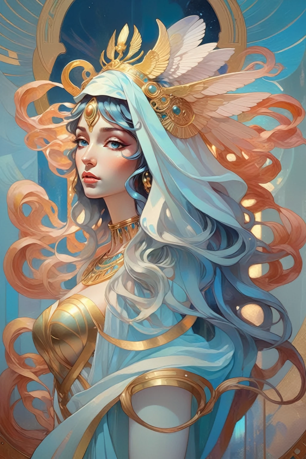 a beautiful goddess isis, egyptian goddess, alphonse mucha style, detailed crown, queenie gesture, ornate headdress, flowing robes, golden skin, piercing eyes, intricate details, ethereal lighting, dreamlike atmosphere, vibrant colors, dramatic pose, masterpiece, 8k, ultra-detailed, photorealistic, cinematic, glowing aura