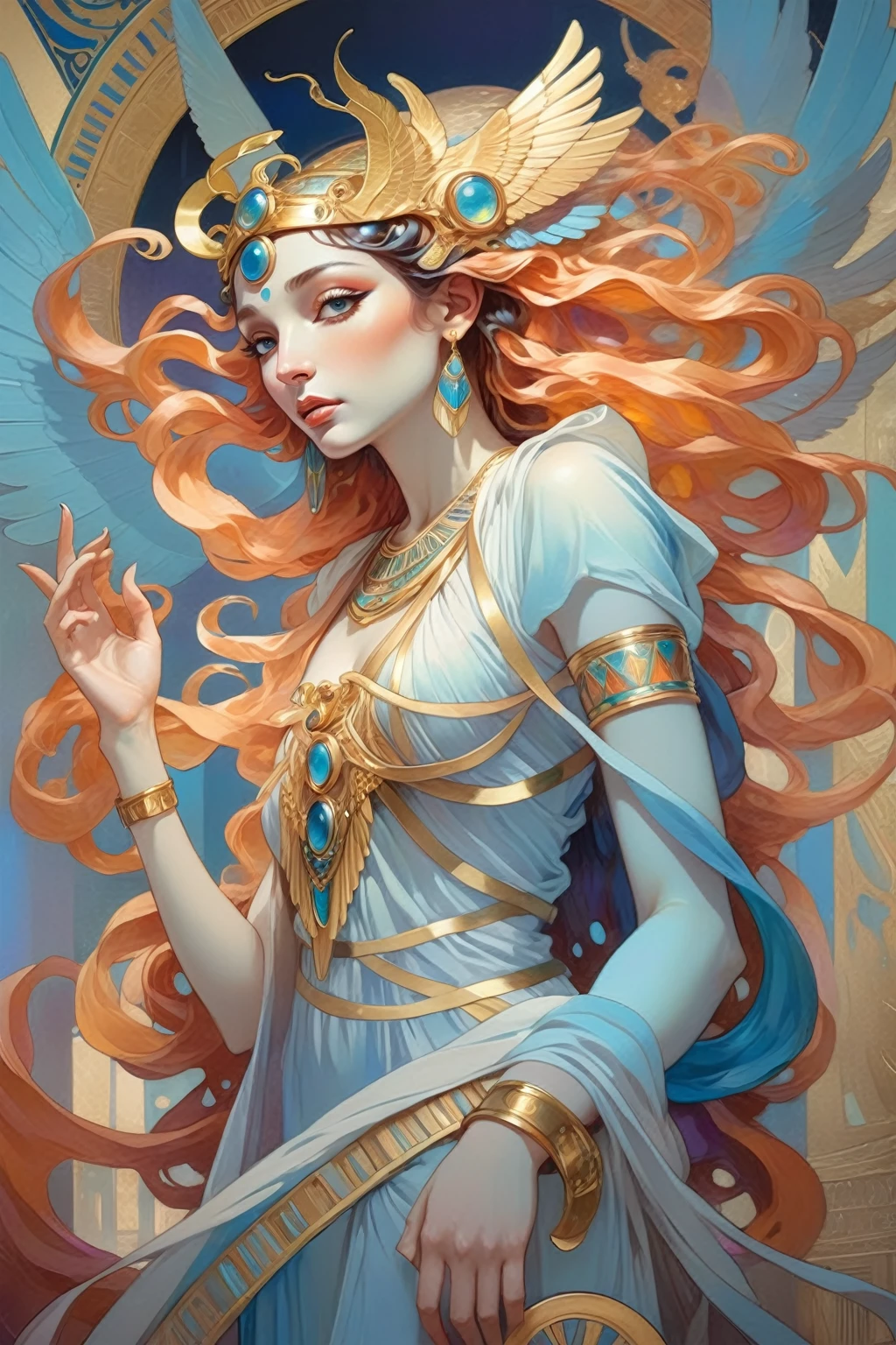 a beautiful goddess isis, egyptian goddess, alphonse mucha style, detailed crown, queenie gesture, ornate headdress, flowing robes, golden skin, piercing eyes, intricate details, ethereal lighting, dreamlike atmosphere, vibrant colors, dramatic pose, masterpiece, 8k, ultra-detailed, photorealistic, cinematic, glowing aura