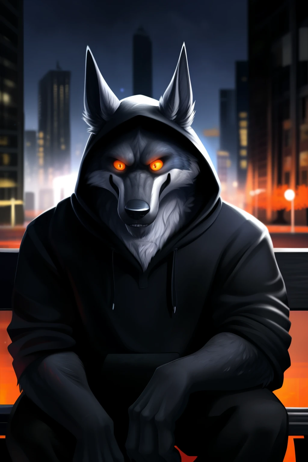 (By ArtByA, by NightOwlFantasia, by Werebattist)
Werebat, solo, aerial perspective, hoodie, sitting, park bench, night, urban, city lights, subtle motion blur, (best quality), (masterpiece), (ultra detailed), sharp focus, cold atmosphere, glowing eyes, orange irises, dark fur, detailed facial features, expressive eyes, hood pulled low, casual pose, leaning against the bench, soft blue blush, trending on DeviantArt, Intricate, High Detail, dramatic, realism, realistic, anthro, muscular, urban fantasy, dark, moody, profile picture, bystander looking at