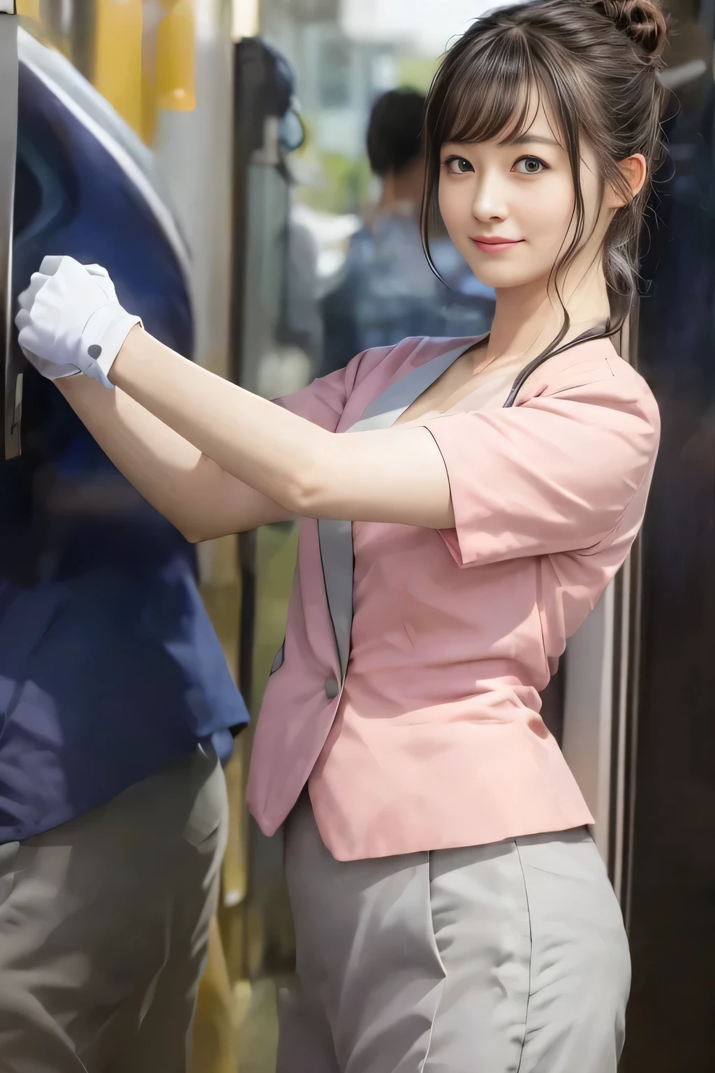 (masterpiece:1.2, Highest quality:1.2), 32k HDR, High resolution, (alone、1 girl)、（On the rooftop of a building in the daytime、Professional Lighting）、Building rooftop background、（Nankai train crew uniform pinkを着たリアルスタイル）、（Nankai train crew uniform pink short sleeve collarless pink jacket、Nankai Train Crew Uniform Pink Collarless Short Sleeve Blouse、Nankai Train Crew Uniform Pink Grey Knee-length Culottes）、（（The bottom of the pink short-sleeved jacket cannot be tucked into the clay-colored culottes.））、Dark brown hair、（Hair tied up、Hair Bun、Hair Bun）、Dark brown hair、Long Shot、Big Breasts、Thin legs、（（Great hands：2.0）），（（Harmonious body proportions：1.5）），（（Normal limbs：2.0）），（（Normal finger：2.0）），（（Delicate eyes：2.0）），（（Normal eyes：2.0））)、（Nankai Train Crew Uniform Pink Grey Knee-length Culottesを見せた美しい立ち姿）、smile