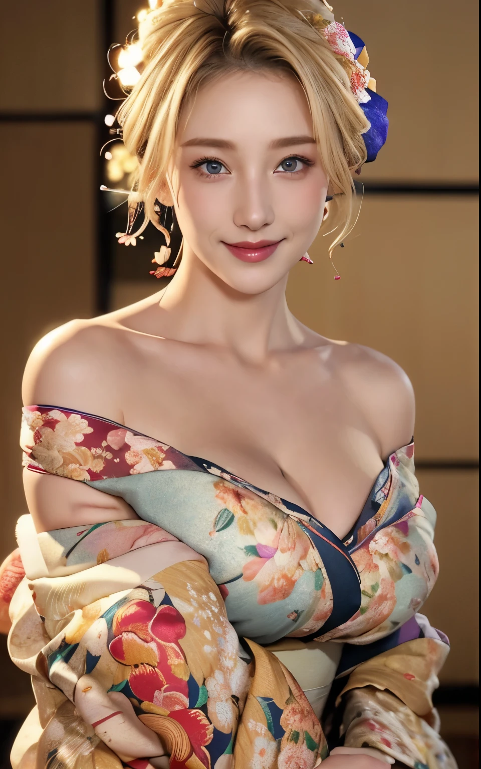 Realistic:1.8、blonde、Italian、Highest quality、1 Girl、,Glowing Skin、Professional Lighting,Realistic、Perfect body、super high quality、Ultra-high Realistic image quality、Japanese、(Off-the-shoulder short length floral pattern kimono:1.6)、(Cleavage:1.5)、Tight waist、(blonde:1.3)、(Blurred Background)、(Grin)、、blue eyes、blonde、Tattoos all over the body、short hair、Hair tied up、Full body photo、Sexy Face、short hair、 A look of complete lust、(((masterpiece)))、((Highest quality))、((超Realistic))、成熟したwoman、成熟したwoman、perspective、Very detailed、The perfect temptation、Best image quality、Fine-grained image quality、beautiful、European, woman, French, woman Italian, Italian, smile、blue eyes、jewelry, blue eyes, Realistic, High resolution, Soft Light,Hip Up, Glowing Skin, (Detailed face),tattoo, jewelry, , night, blonde, Wavy Hair,Attractive appearance, smile, Perfect Style, Perfect balance,