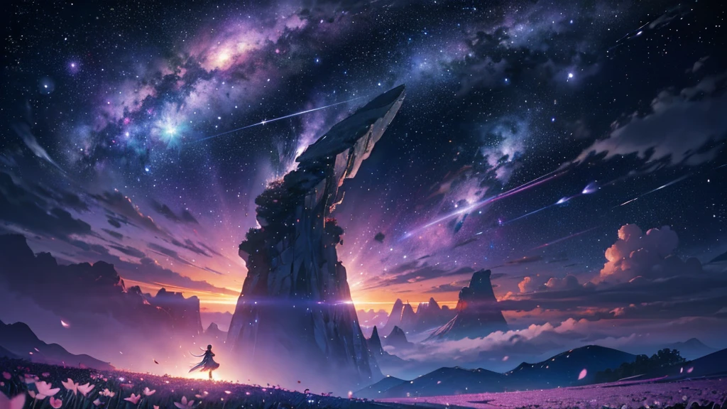 masterpiece、Concept Art、Panorama、central、figure、Wide Shot、Flower Garden、night、(meteor)、Space galaxy background、(壮大な構figure、epic proportion)、Dynamic lighting、Bright colors、cherry blossoms、One girl、