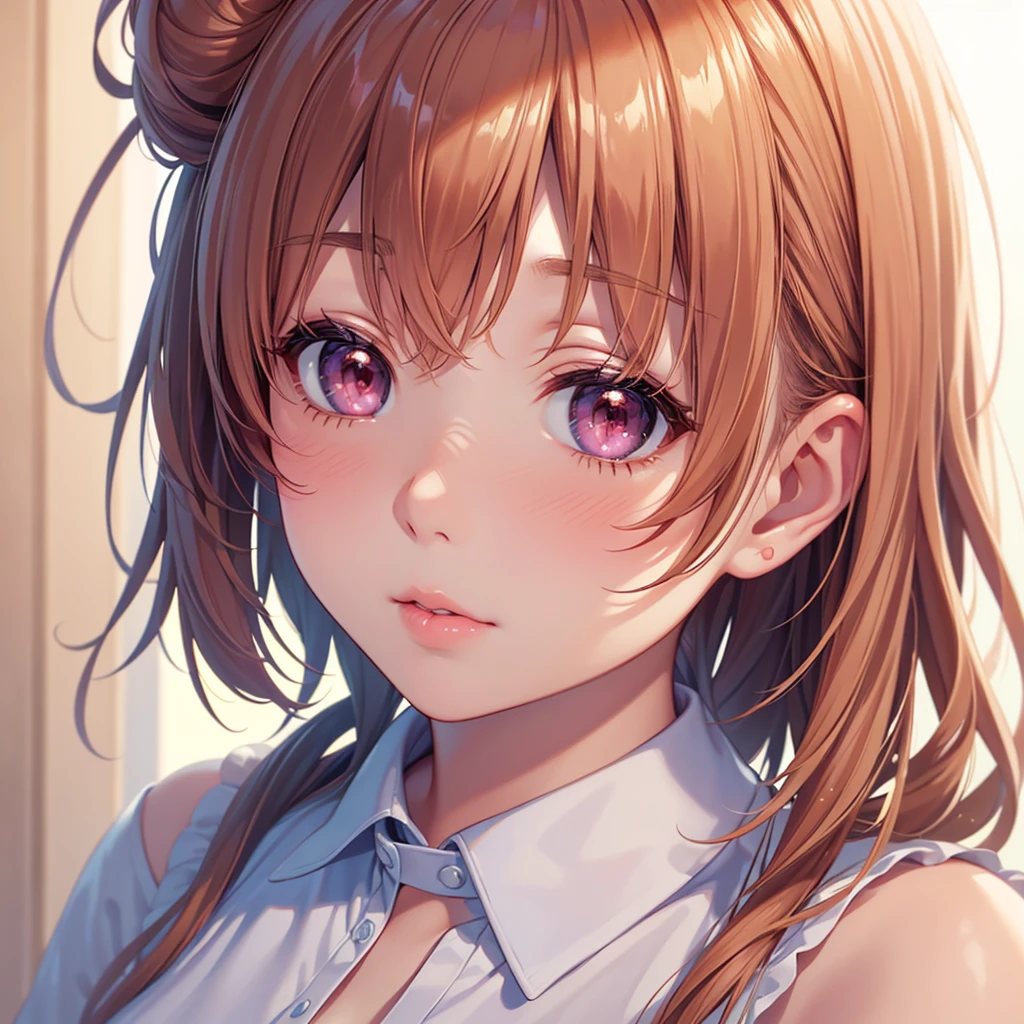 1girl, solo, masterpiece, best quality, high res, highly detailed, illustration, game cg, (beatiful detailed eyes), yuigahama yui, single hair bun, glossy lips, light makeup, blush, close up, head and shoulders, shirt collar, lips parted, shining eyes, beautiful detailed hair