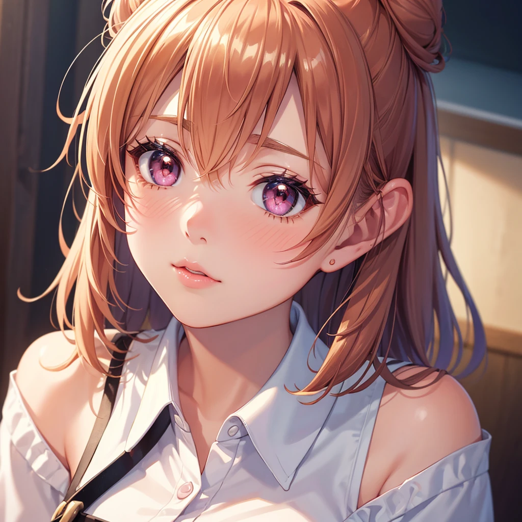 1girl, solo, masterpiece, best quality, high res, highly detailed, illustration, game cg, (beatiful detailed eyes), yuigahama yui, single hair bun, glossy lips, light makeup, blush, close up, head and shoulders, shirt collar, lips parted, shining eyes, beautiful detailed hair