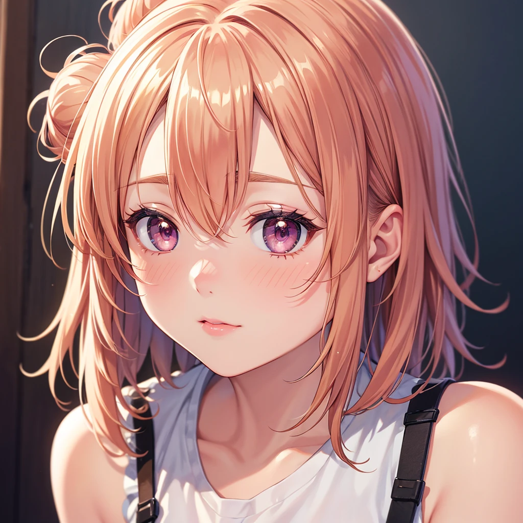 1girl, solo, masterpiece, best quality, high res, highly detailed, illustration, game cg, (beatiful detailed eyes), yuigahama yui, single hair bun, glossy lips, light makeup, blush, close up, head and shoulders, shirt, shining eyes, beautiful detailed hair