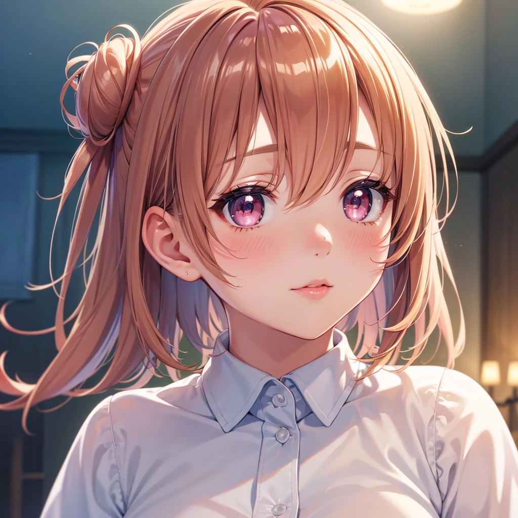 1girl, solo, masterpiece, best quality, high res, highly detailed, illustration, game cg, (beatiful detailed eyes), yuigahama yui, single hair bun, glossy lips, light makeup, blush, close up, head and shoulders, shirt, shining eyes, beautiful detailed hair