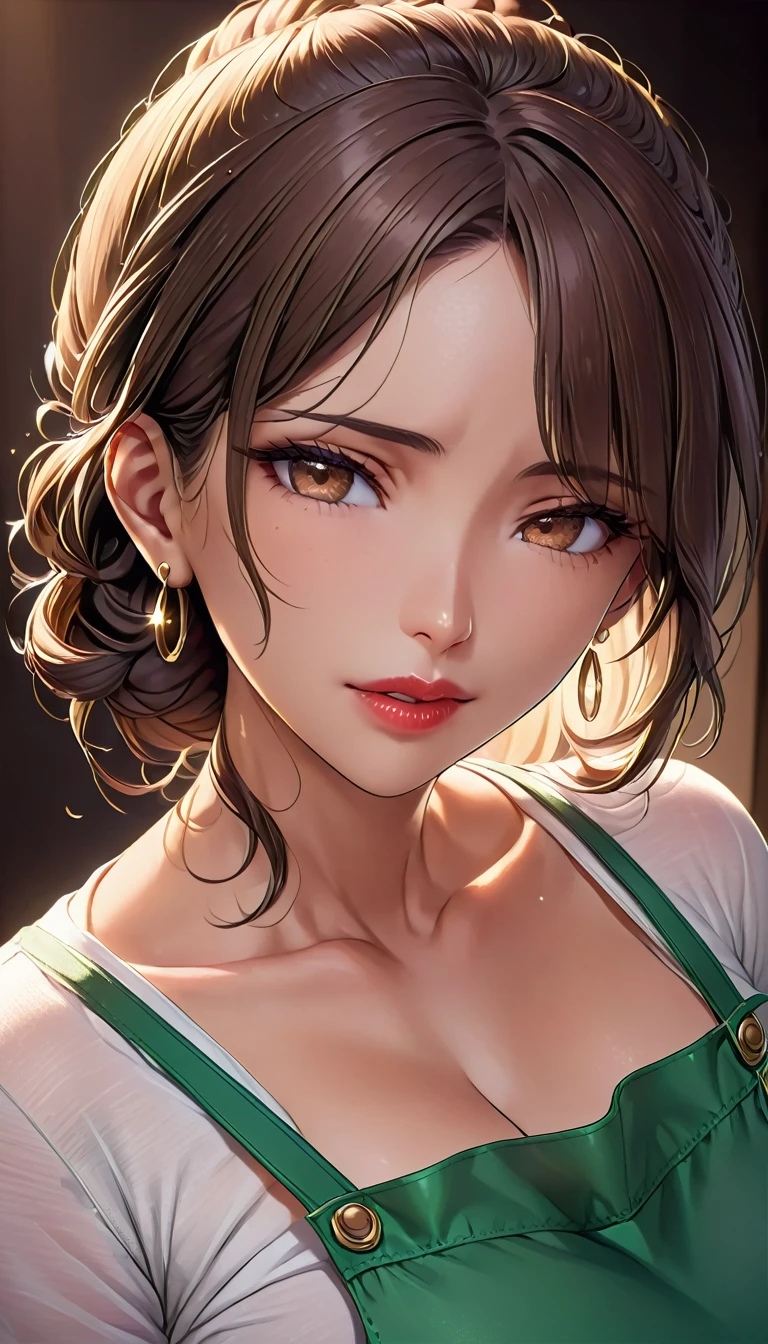 masterpiece, Highest quality, 8K, Official Art, Cinematic Light, Ultra-high resolution, Close-up of face、One Mature Woman, 45 Talent、Round face、Sexy mother, Earrings, Tie your hair back tightly、 View your audience, hoop Earrings, Brown Hair, Brown eyes, Brown background, White T-shirt BREAK Green apron、, Red lips、Detailed face、Fine grain、Detailed gaze、